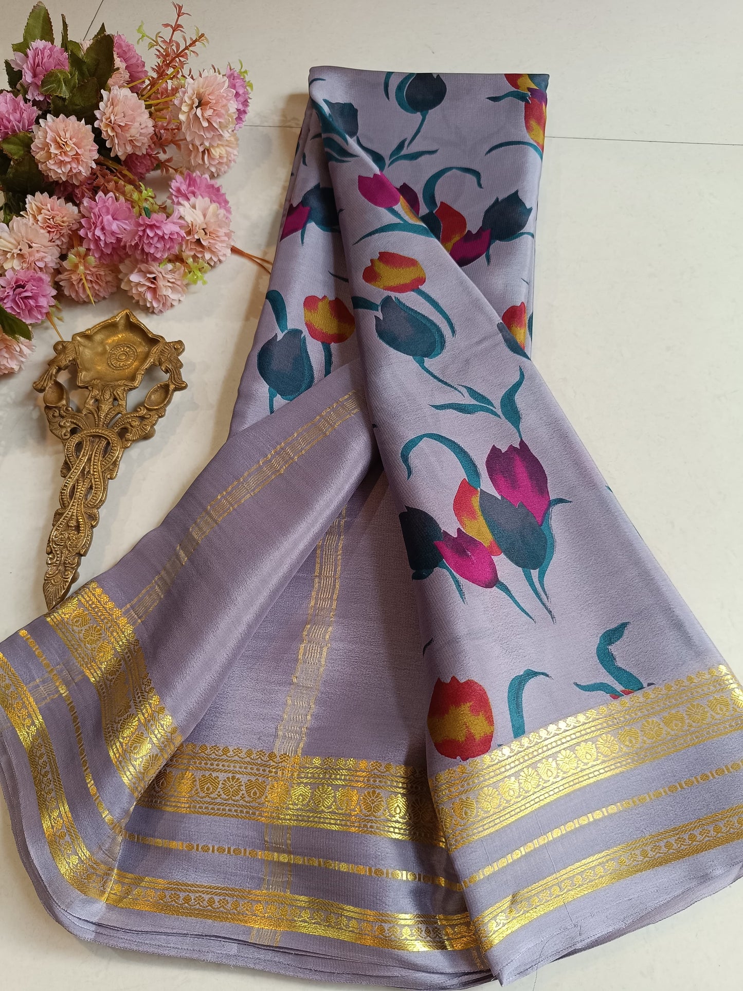 Mysore Crepe Silk Sarees - Kalamkari Design