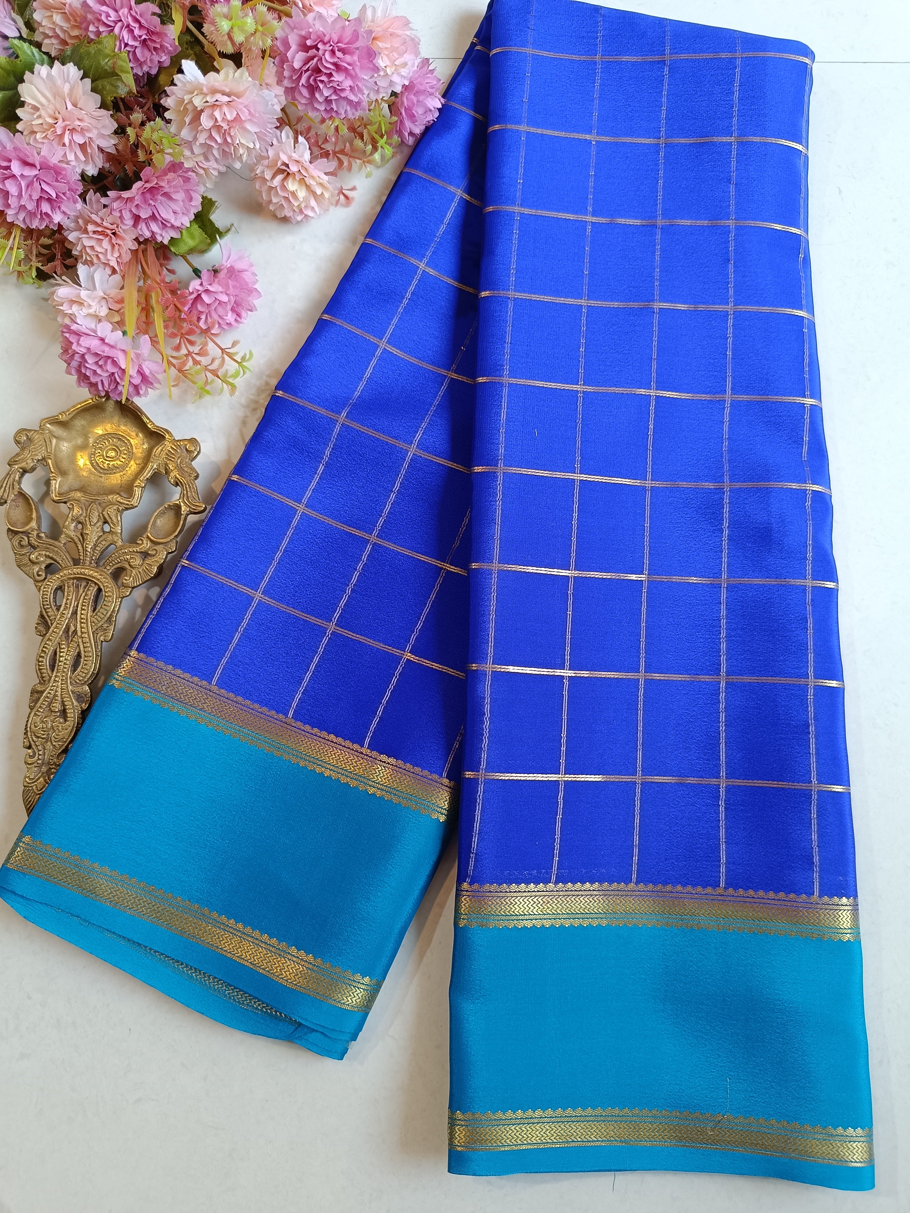 Buy NK Textiles Checked Print Mysore Silk Saree with Tassels | Off White &  Pink Saree with BLOUSE Piece | Designer Sarees at Amazon.in