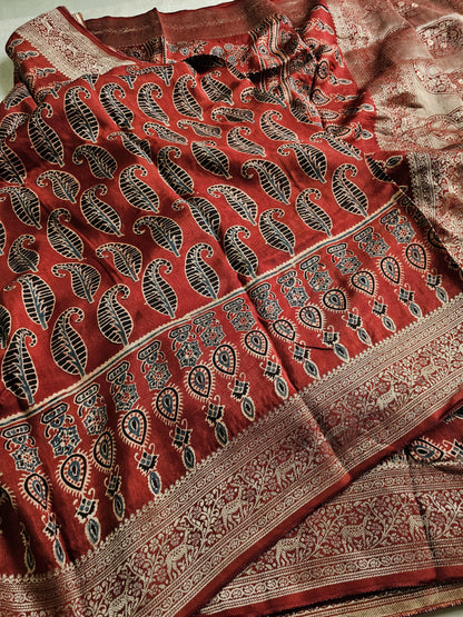 Ajrakh Handcrafted Saree - Red 1