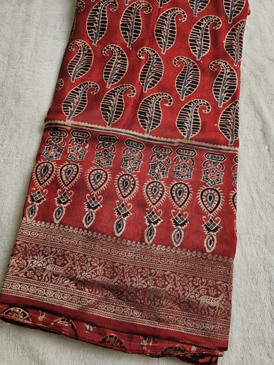 Ajrakh Handcrafted Saree - Red 1