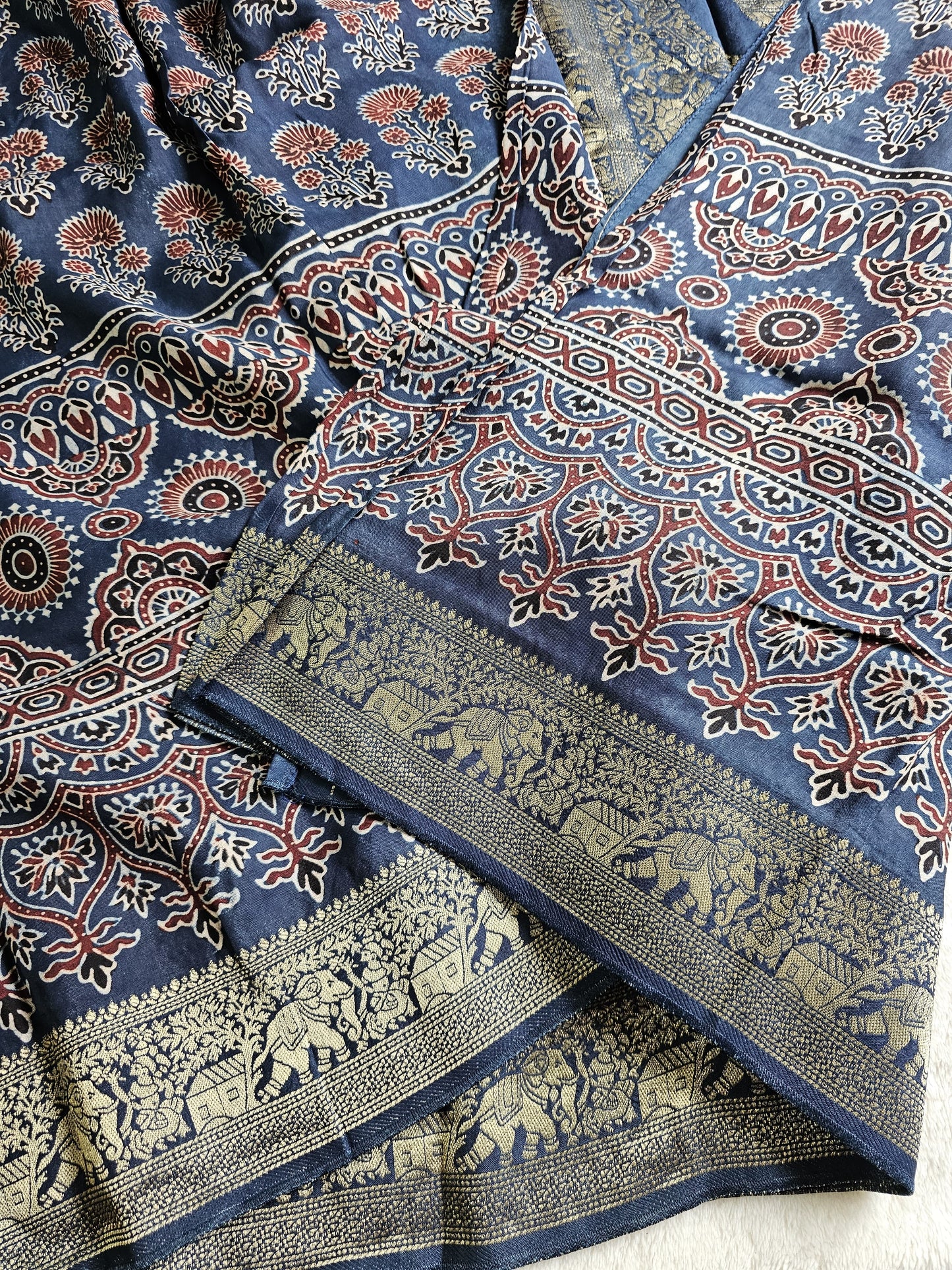 Ajrakh Handcrafted Saree - Blue