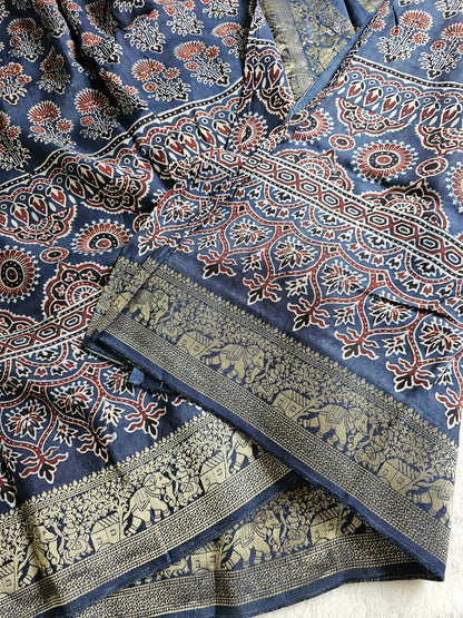 Ajrakh Handcrafted Saree - Blue