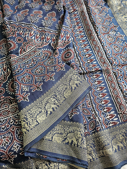 Ajrakh Handcrafted Saree - Blue