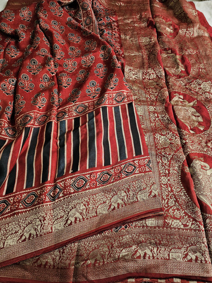 Ajrakh Handcrafted Saree - Red 2