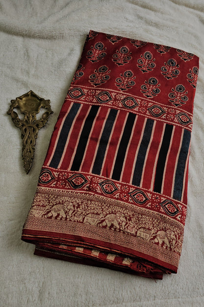 Ajrakh Handcrafted Saree - Red 2