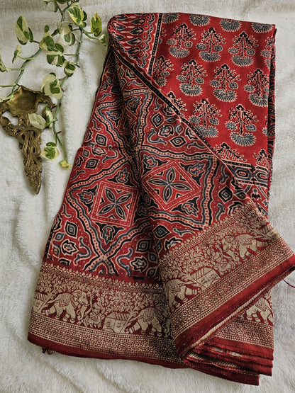 Ajrakh Handcrafted Saree - Red 3