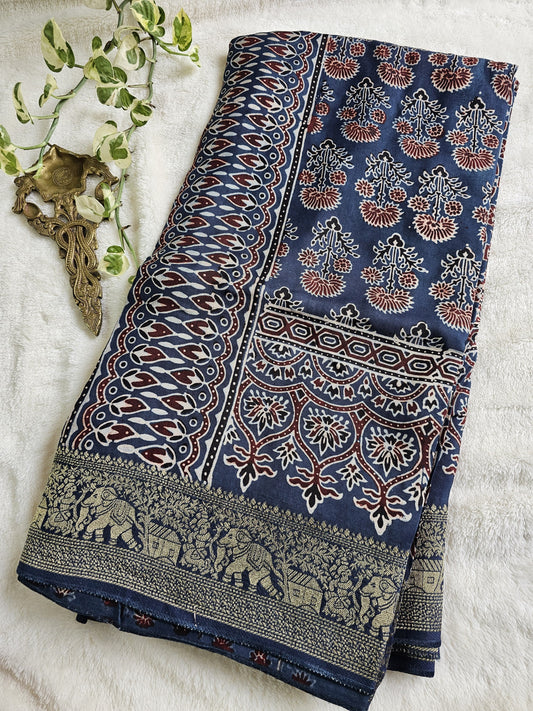 Ajrakh Handcrafted Saree - Blue